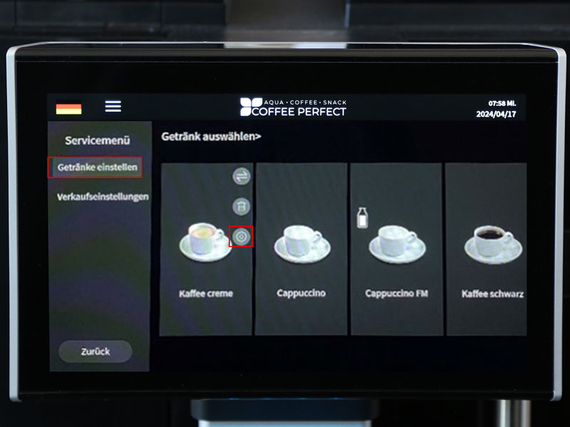 Display mit Auswahlmenue zur Einstellung von Kaffeevarianten im Servicebereich des CP30 Automaten.