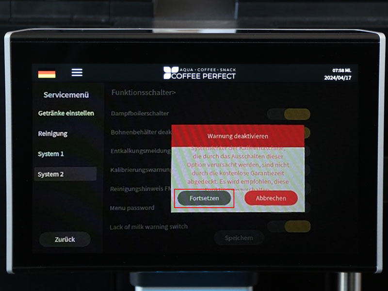 Display eines Kaffeevollautomaten mit Warnhinweis und Auswahloptionen 'Fortsetzen' oder 'Abbrechen'.