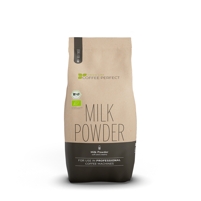 Verpackung des Green Line Milk Powders von Coffee Perfect, biologisch und cremig.