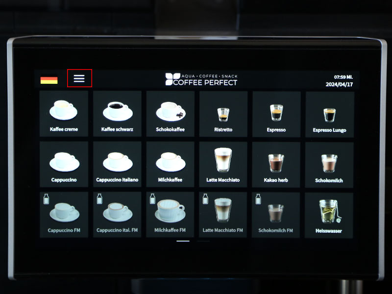 Display eines CP30 Kaffeevollautomaten mit Getraenkesymbolen und markiertem Menue-Button oben links.