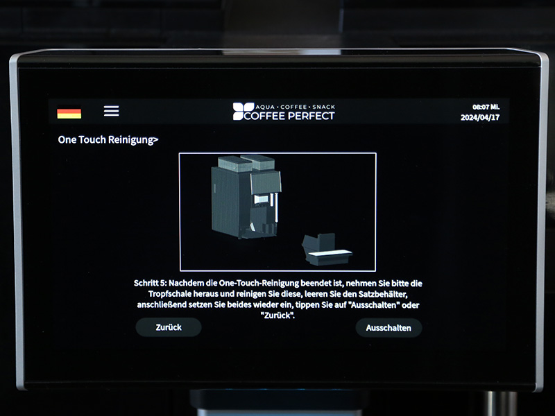 Displayanweisung: Tropfschale reinigen und Satzbehaelter entleeren nach Beendigung der Reinigung.