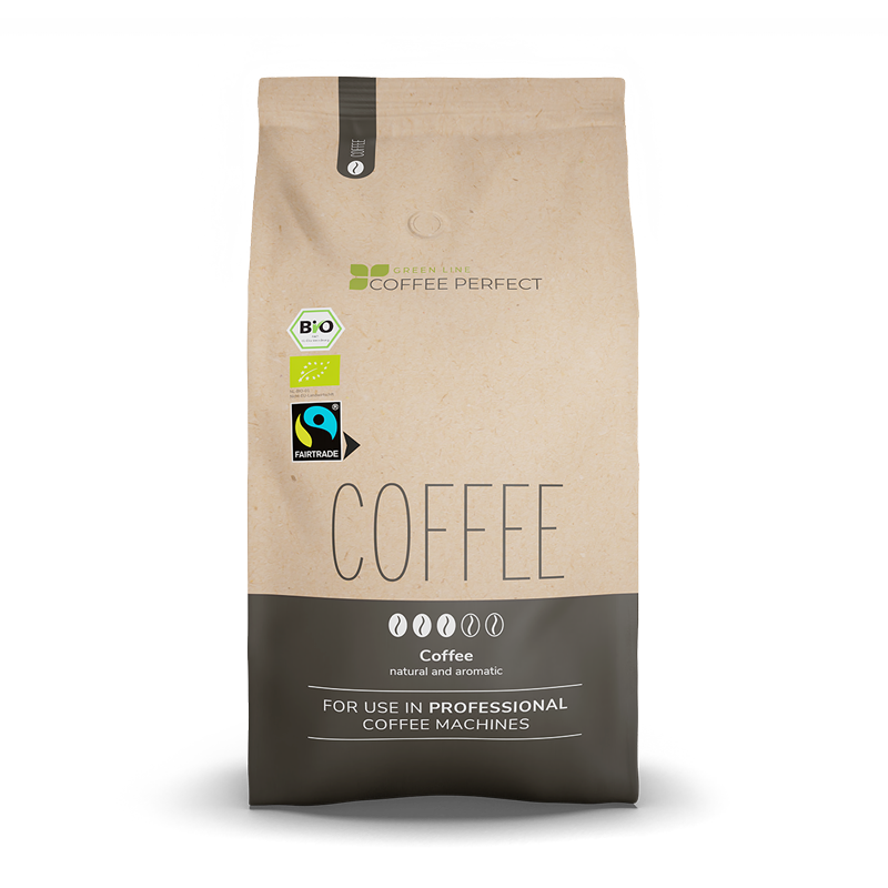 Kaffeeverpackung Green Line Coffee von Coffee Perfect, aromatisch und natuerlich, mit Fairtrade-Siegel.