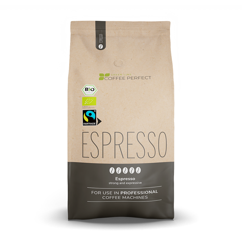 Verpackung der Green Line Espresso Bohnen von Coffee Perfect mit Bio- und Fairtrade-Zertifizierung.