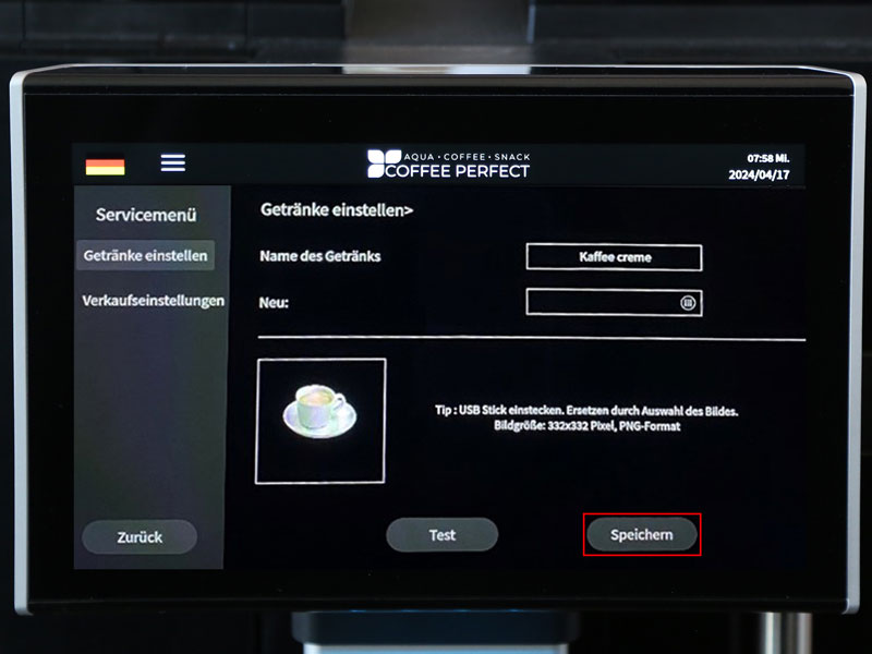 Displayansicht zur individuellen Anpassung von Getraenkenamen und Bildern im Servicemenue.
