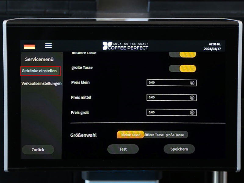 Display eines CP30 Kaffeevollautomaten mit Preis- und Groeßenoptionen fuer verschiedene Tassengroeßen.