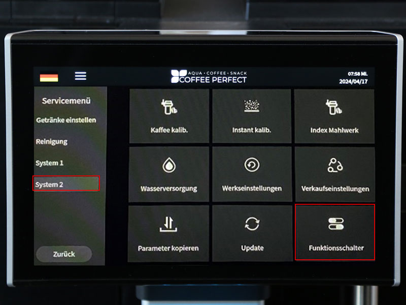 Display zeigt Menuepunkt Funktionsschalter zur Konfiguration des Mahlwerksystems.