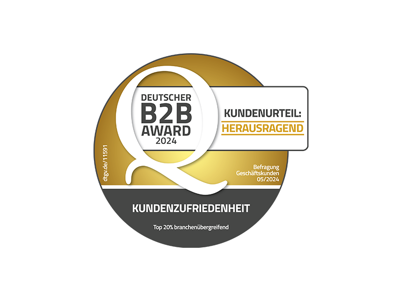 Deutscher B2B Award 2024 fuer Kundenzufriedenheit mit gold-schwarzem Design.