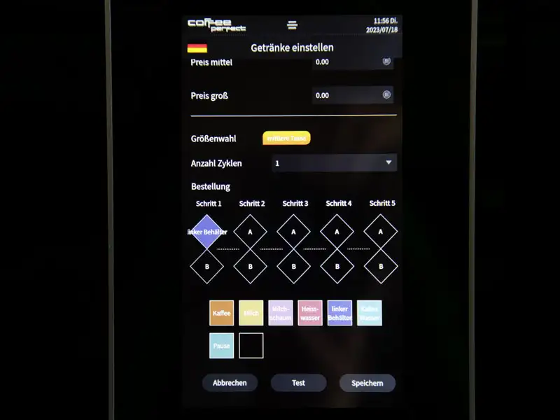 Display zeigt Bestellsequenz mit Auswahl des linken Behaelters im Getraenkemenue.