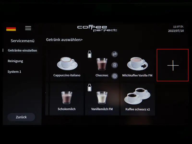 Display mit Getraenkemenue und hervorgehobener Schaltflaeche zum Hinzufuegen eines neuen Getraenks.