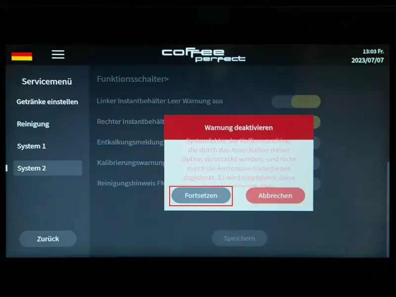 Display zeigt Sicherheitsabfrage zur Deaktivierung einer Warnmeldung.