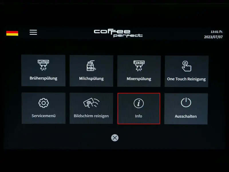 Display zeigt Kurzmenue eines Kaffeevollautomaten mit hervorgehobener Option 'Info'.