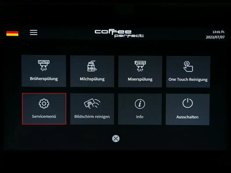Display zeigt Kurzmenue mit hervorgehobener Option 'Servicemenue'.