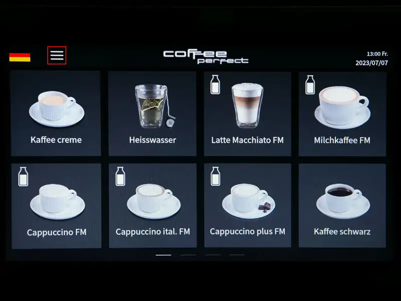 Display zeigt Getraenkeauswahl mit verschiedenen Kaffee- und Milchgetraenken.