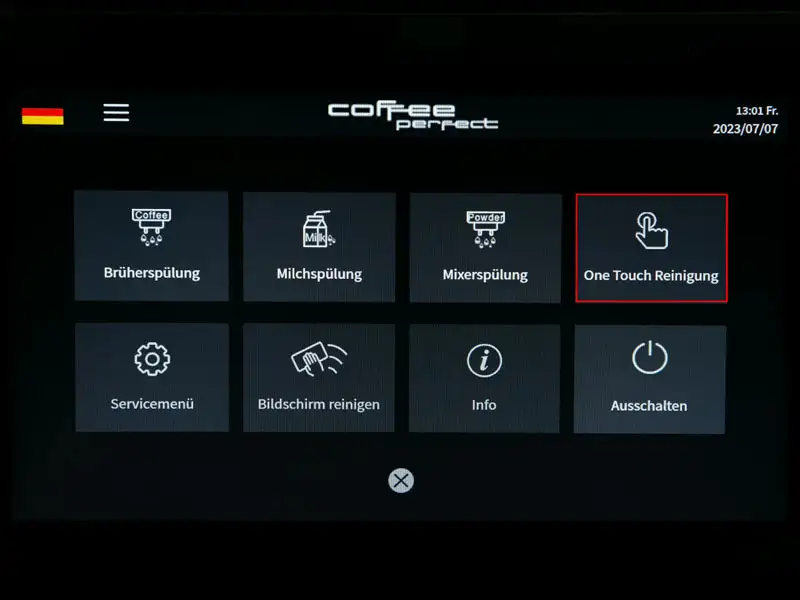 Display zeigt Kurzmenue mit markierter Schaltflaeche 'One Touch Reinigung'.
